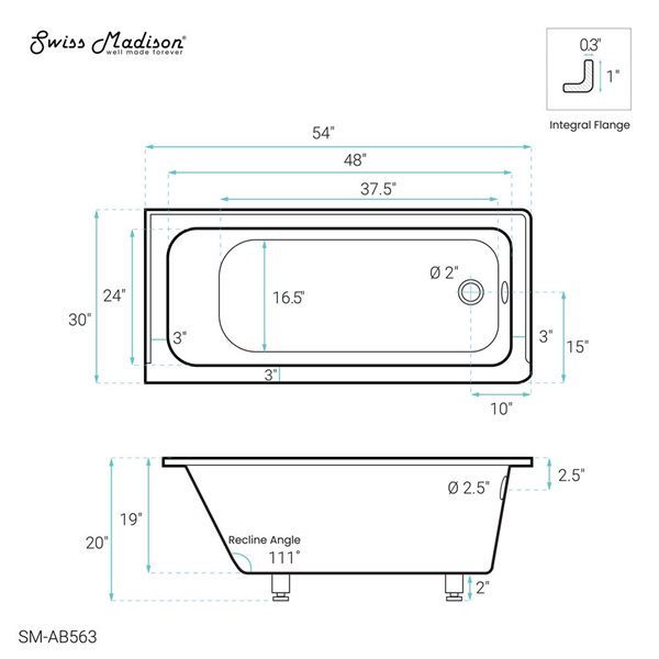 Swiss Madison Lausanne 54 W x 30-in L Glossy White Acrylic Alcove Right Drain Bathtub