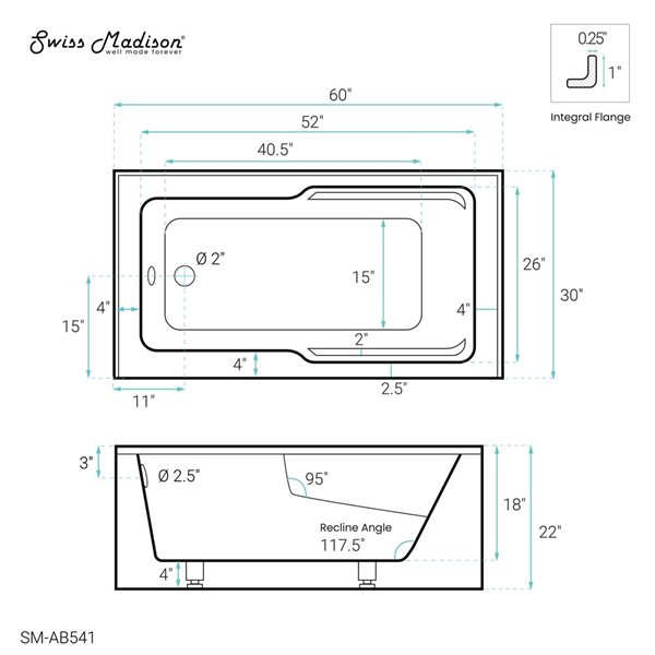 Swiss Madison Lausanne 60 W x 30-in L Glossy White Acrylic Alcove Skirted Left Drain Bathtub w/ Integrated Armrest