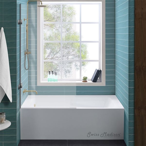 Swiss Madison Lausanne 60 W x 30-in L Glossy White Acrylic Alcove Skirted Left Drain Bathtub w/ Integrated Armrest