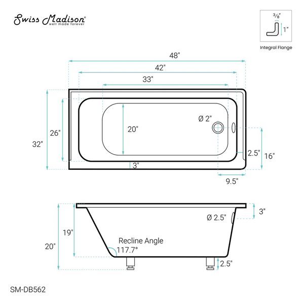 Swiss Madison Lausanne 48 W x 32-in L Glossy White Acrylic Alcove Right Drain Bathtub