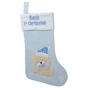 Northlight 19-in Blue and White Baby's 1st Christmas Embroidered Teddy Bear Stocking