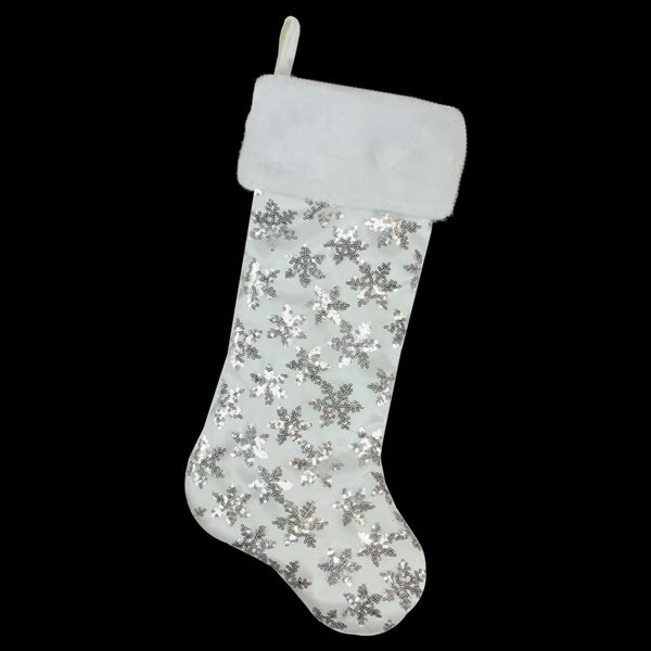 Northlight 19 H x 10-in W White and Silver Sequin Snowflake Christmas Stocking