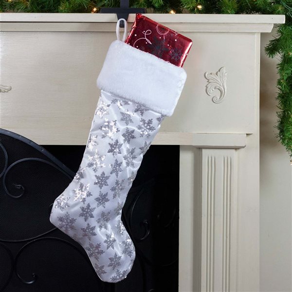 Northlight 19 H x 10-in W White and Silver Sequin Snowflake Christmas Stocking