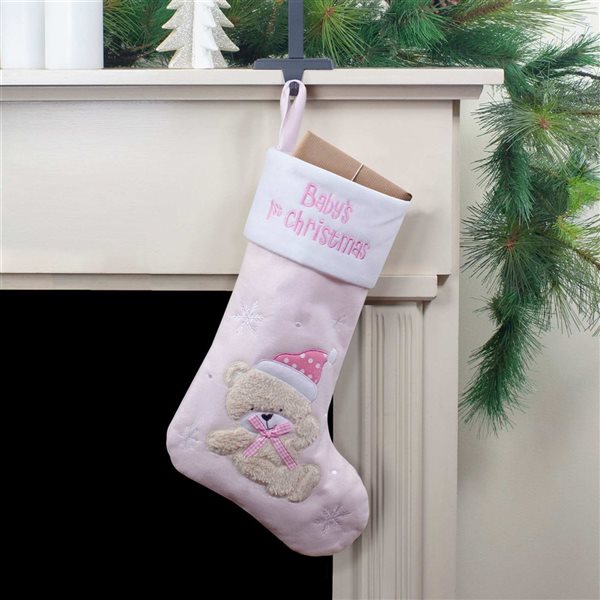 Northlight 19-in Pink and White Baby's 1st Christmas Embroidered Teddy Bear Stocking