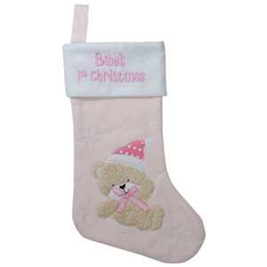 Northlight 19-in Pink and White Baby's 1st Christmas Embroidered Teddy Bear Stocking