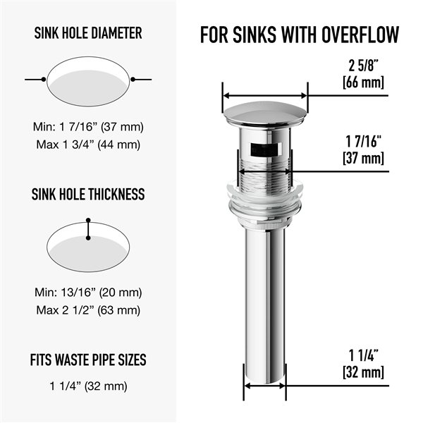 VIGO 1.75" W Bathroom Sink Pop-Up Drain with Overflow in Chrome