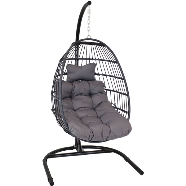 Sunnydaze Decor Grey Resin Wicker Hanging Egg Chair w/ Steel Stand and Cushions