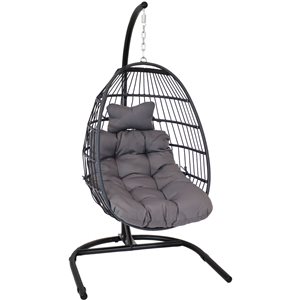 Sunnydaze Decor Grey Resin Wicker Hanging Egg Chair w/ Steel Stand and Cushions