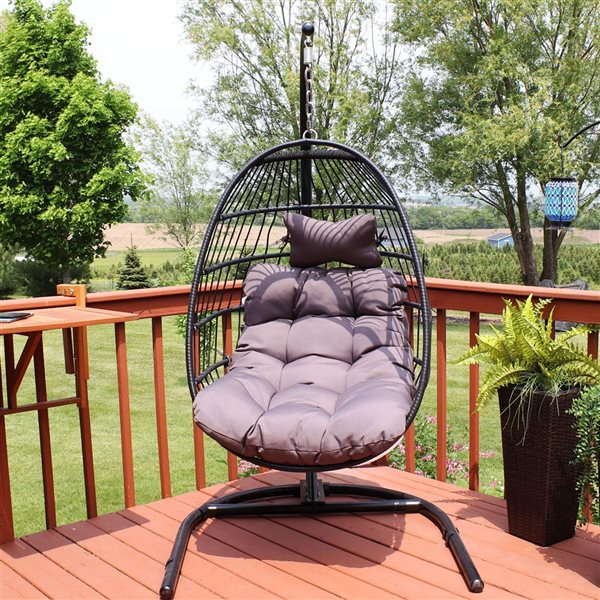 Sunnydaze Decor Grey Resin Wicker Hanging Egg Chair w/ Steel Stand and Cushions