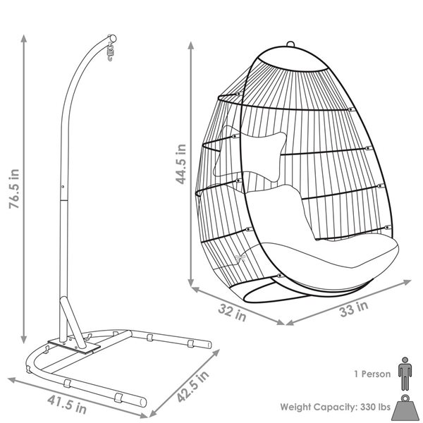 Sunnydaze Decor Grey Resin Wicker Hanging Egg Chair w/ Steel Stand and Cushions