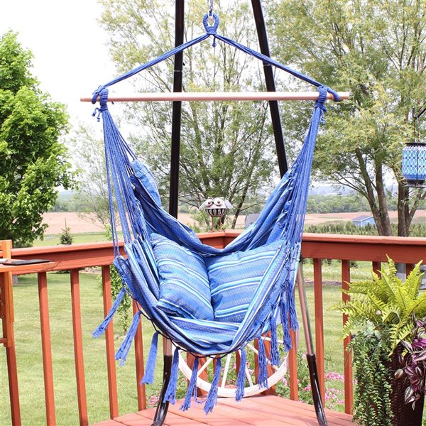 Sunnydaze Decor Blue Woven Hammock Chair w/ Cushions and Fringe