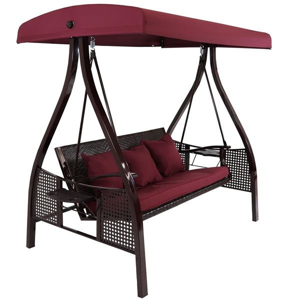 Sunnydaze Decor Dark Red 3-Person Rattan Swing Bench w/ Side Tables and Canopy