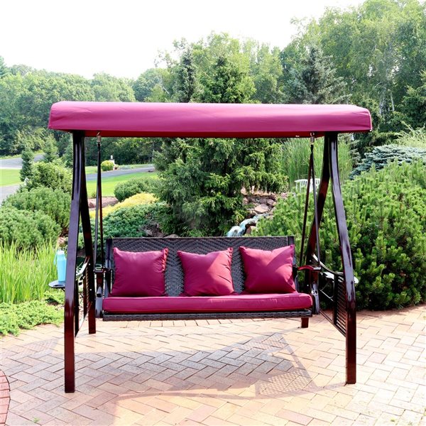 Sunnydaze Decor Dark Red 3-Person Rattan Swing Bench w/ Side Tables and Canopy