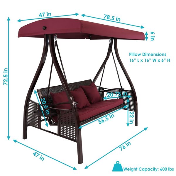 Sunnydaze Decor Dark Red 3-Person Rattan Swing Bench w/ Side Tables and Canopy