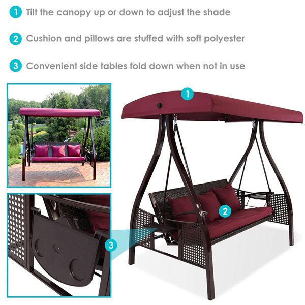 Sunnydaze Decor Dark Red 3-Person Rattan Swing Bench w/ Side Tables and Canopy