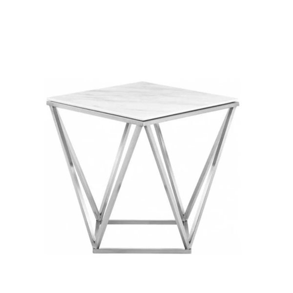 Table d'appoint carrée moderne Dominica de Plata Import 20 x 20 po plateau en marbre synthétique et cadre métal argent