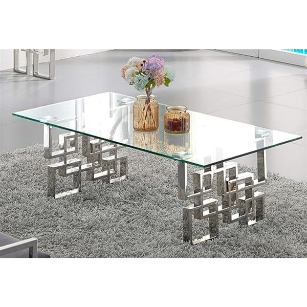 Plata Import Diva Polished Chrome Metal/Tempered Glass Coffee Modern Rectangular Coffee Table