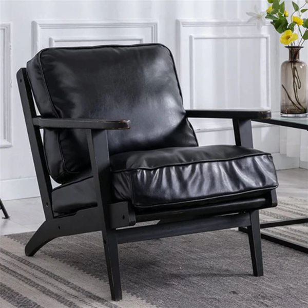 Plata Import Coba Black Faux Leather/Wooden Frame Lounge Chair