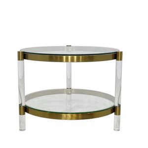 Table d'appoint moderne Clemensia de Plata Import 23 po diamètre métal doré et verre trempé avec pieds acryliques