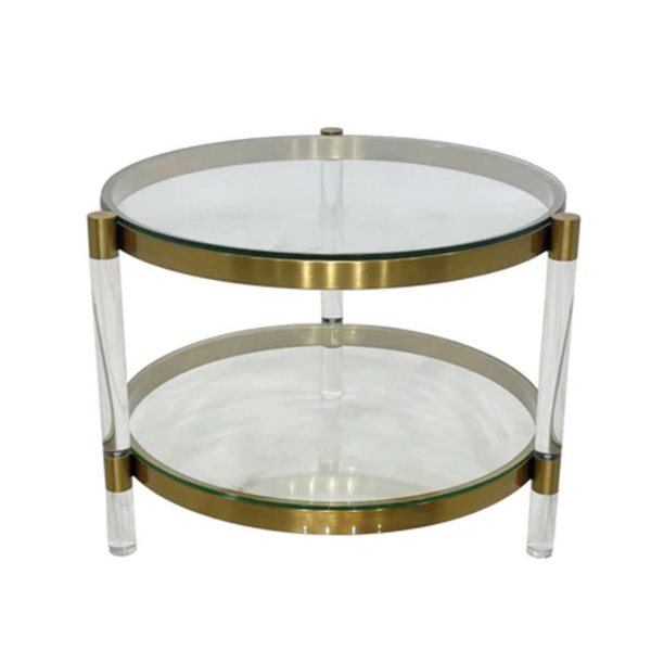 Plata Import Clemensia 23-in dia Gold Metal/Tempered Glass Top Modern End Table w/ Acrylic Legs