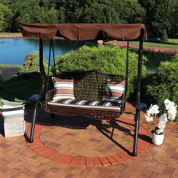 Sunnydaze Decor Brown 2-Person Rattan Swing Bench w/ Canopy and Cushion