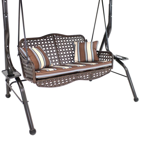 Sunnydaze Decor Brown 2-Person Rattan Swing Bench w/ Canopy and Cushion