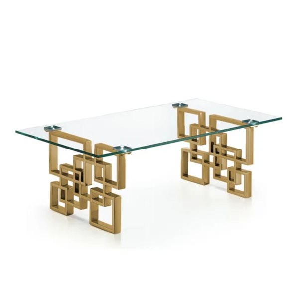 Plata Import Diva Brushed Gold Metal/Tempered Glass Modern Rectangular Coffee Table