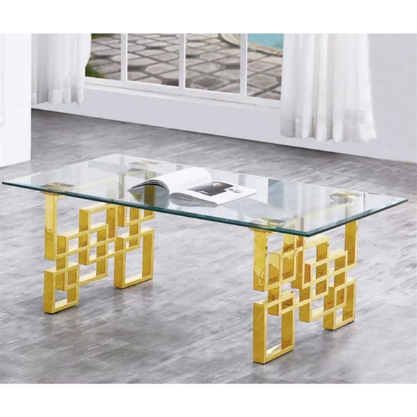 Plata Import Diva Brushed Gold Metal/Tempered Glass Modern Rectangular Coffee Table