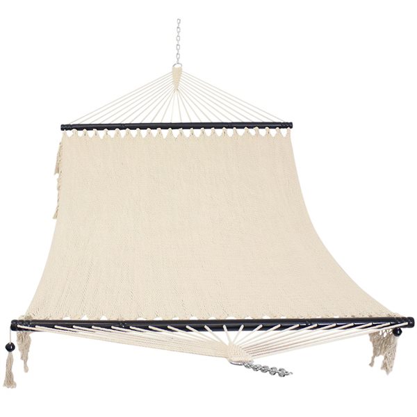 Sunnydaze Decor Cream 2-Person Woven Hammock w/ Spreader Bars and Fringe