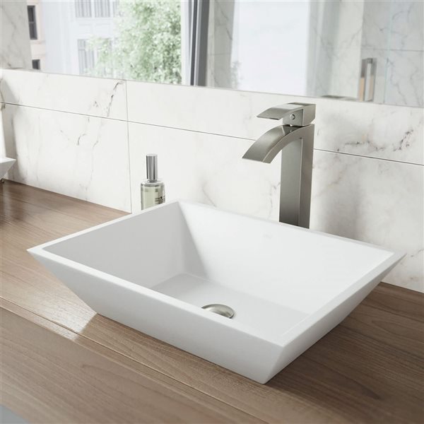 VIGO Vinca 18-in x 14-in x 5-in White Modern Matte Stone Rectangular Vessel Bathroom Sink