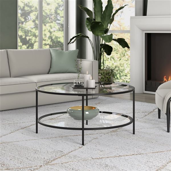 Table basse ronde Sivil de Hailey Home noir avec surface en verre