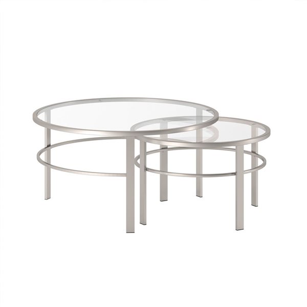 Jeu de 2 tables gigognes rondes Gaia de Hailey Home nickel avec surface en verre