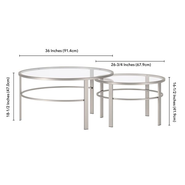 Hailey Home Gaia 2-Piece Satin Nickel Round Glass Nested Coffee Tables