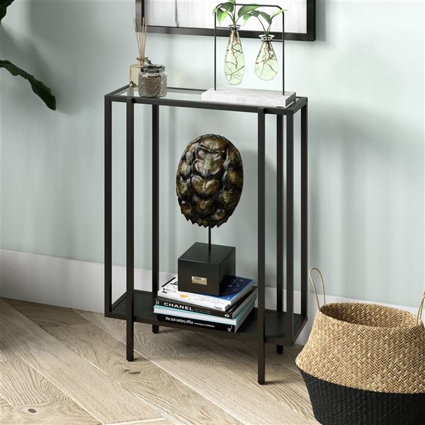 Hailey Home Vireo 22-in W Blackened Bronze Metal Mid-Century Console Table w/ Metal Shelf and Glass Top