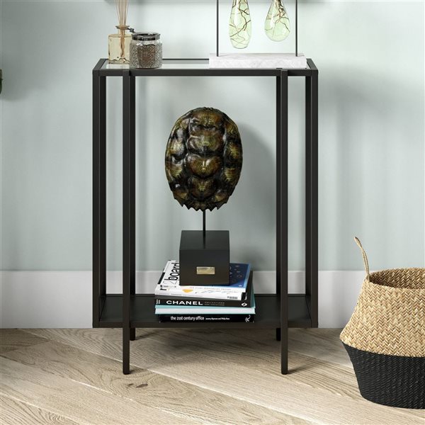 Hailey Home Vireo 22-in W Blackened Bronze Metal Mid-Century Console Table w/ Metal Shelf and Glass Top