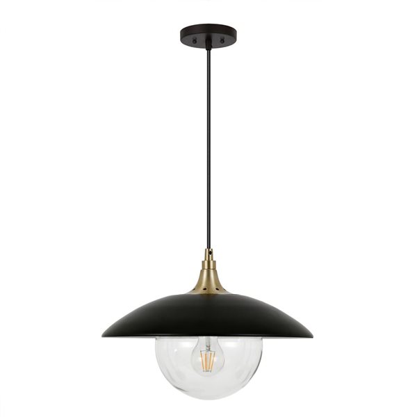 Luminaire suspendu Alvia Hailey Home 14,5 po l. noir et laiton avec abat-jour en verre transparent