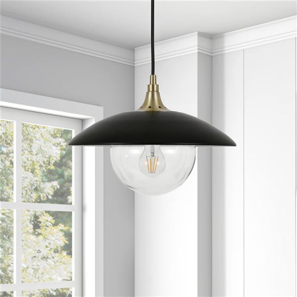 Hailey Home Alvia 14.5-in W Black and Brass Pendant Ceiling Light w/ Clear Glass Shade