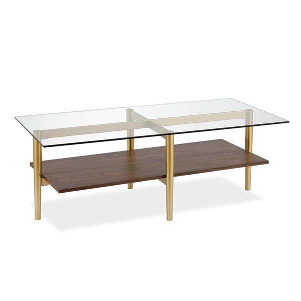 Hailey Home Otto Gold and Walnut Glass Coffee Table w/ MDF Shelf