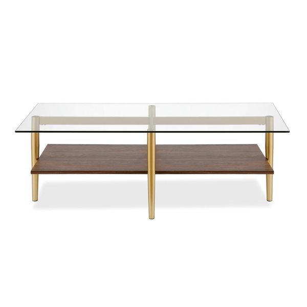 Table basse Otto de Hailey Home or et noyer avec surface en verre et tablette en MDF