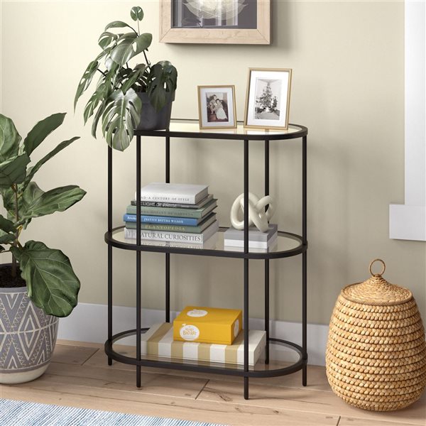 Hailey Home Leif Black Glass 3-Shelf Oval Bookcase