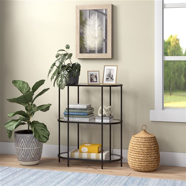 Hailey Home Leif Black Glass 3-Shelf Oval Bookcase