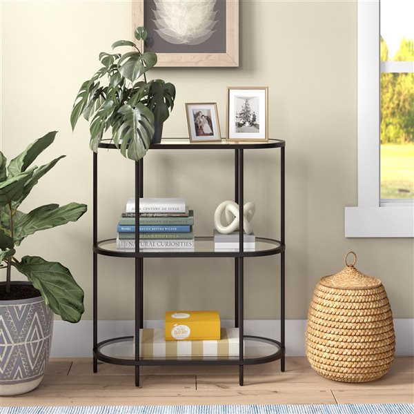 Hailey Home Leif Black Glass 3-Shelf Oval Bookcase