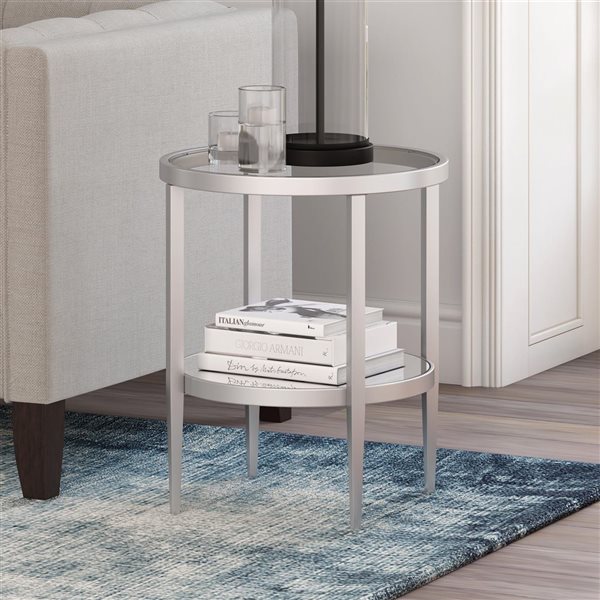 Table d'appoint ronde Hera de Hailey Home nickel avec surface en verre et tablette miroir