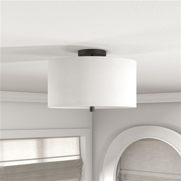 Hailey Home Ellis 16-in W Matte Black Flush Mount Light w/ White Fabric Shade