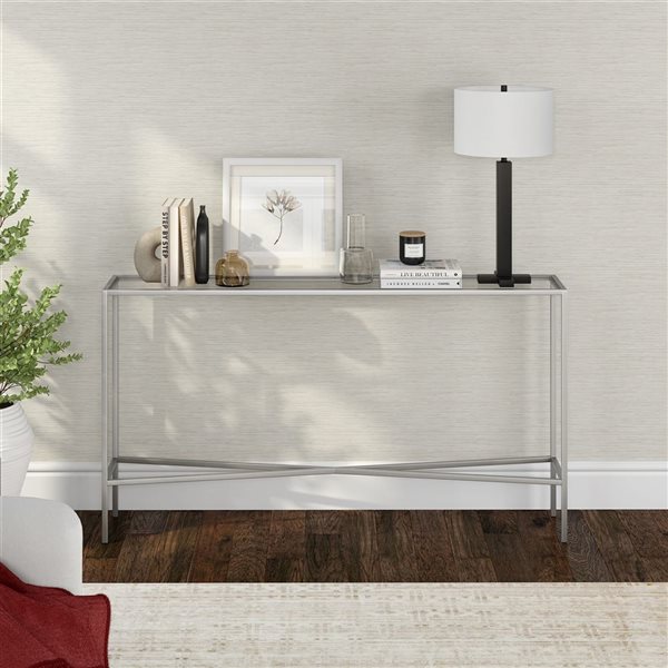 Hailey Home Henley 55 W x 30-in H Powder Coated Silver Metal Industrial Console Table w/ Glass Top