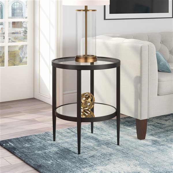 Table d'appoint ronde Hera de Hailey Home noir avec surface en verre et tablette miroir