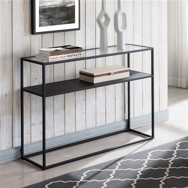 Hailey Home Nellie 42-in W Blackened Bronze Metal Modern Console Table w/ Metal Shelf and Glass Top