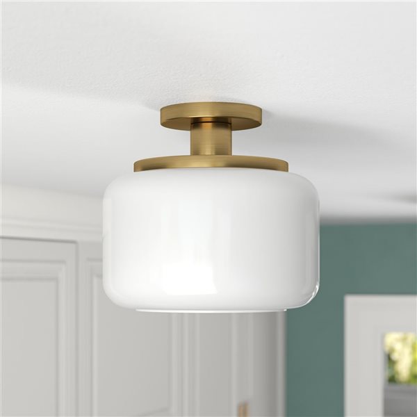 Hailey Home Tatum 11-in W Brass Semi Flush Mount Light w/ Frosted Glass Shade