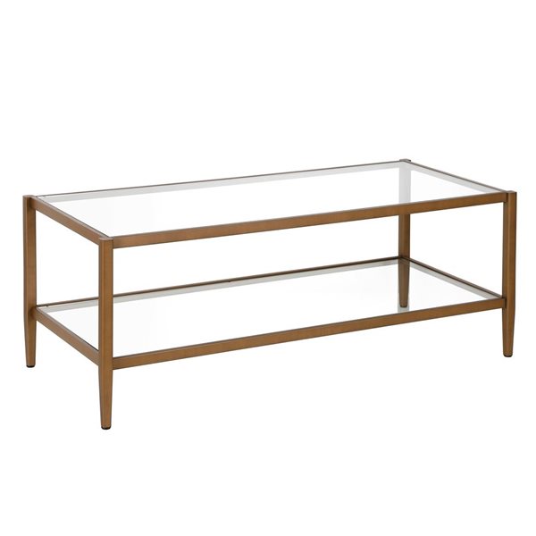 Hailey Home Hera Antique Brass Glass Coffee Table w/ Glass Shelf