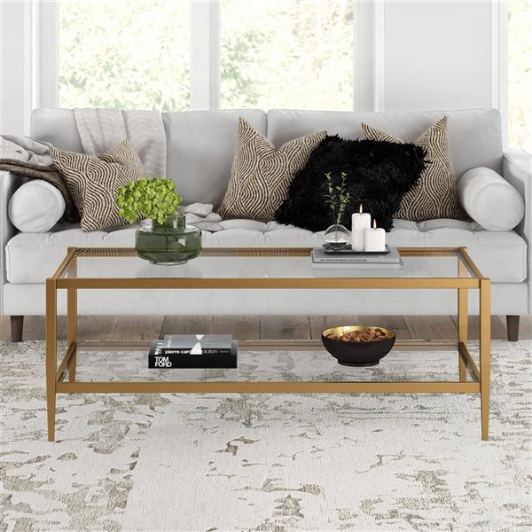 Hailey Home Hera Antique Brass Glass Coffee Table w/ Glass Shelf